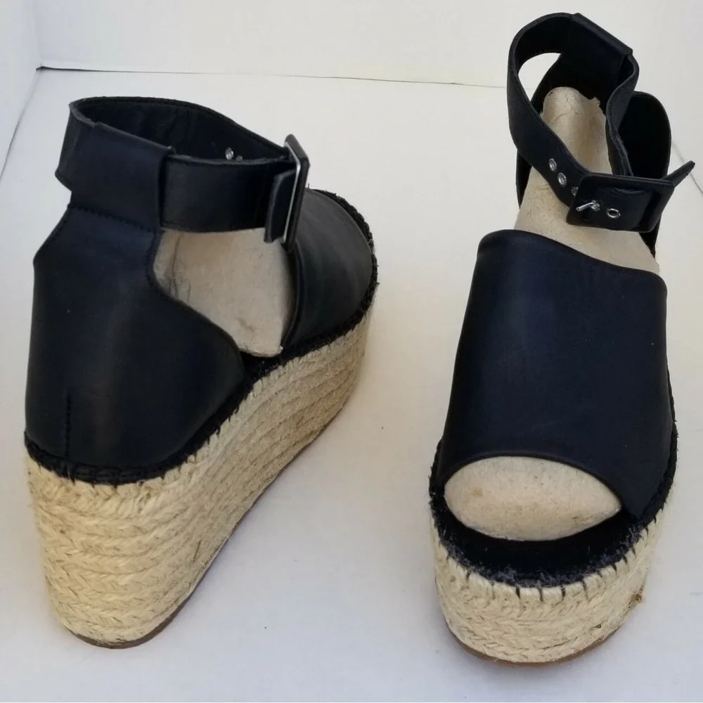 FREE PEOPLE Black Leather Open Toe Ankle Straps Platform Espadrille Sandal Sz 40